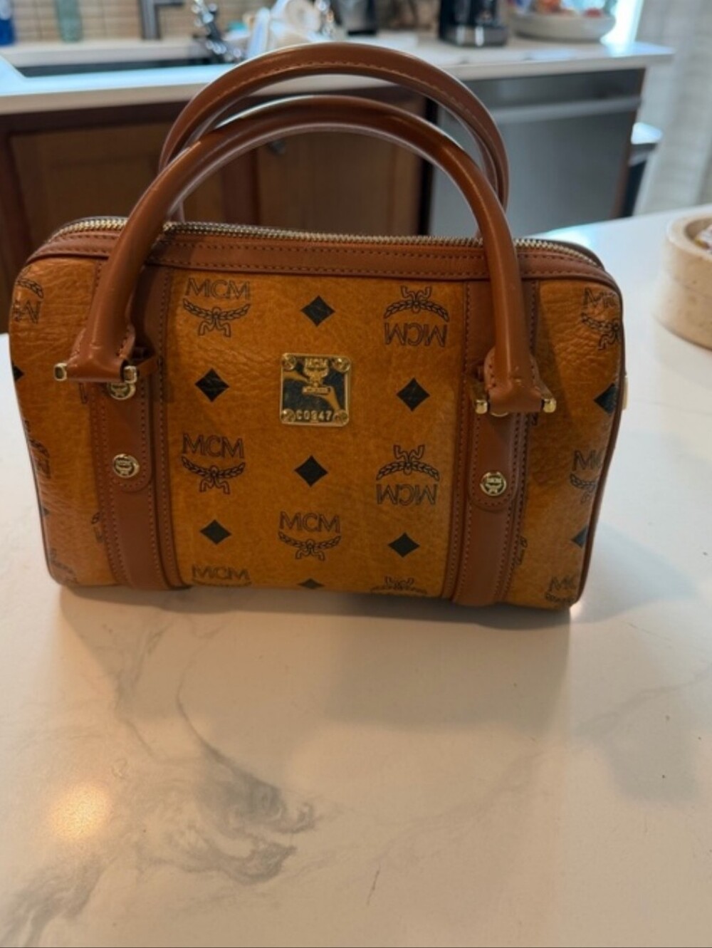 MCM Cognac Visetos Mini Boston Satchel with Gold Plaque